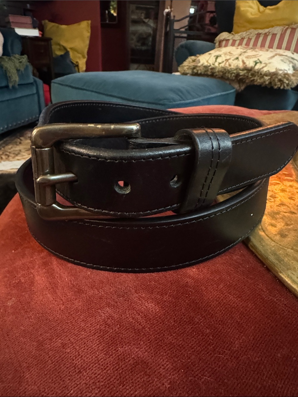 Duluth Trading Co Black Leather Belt with Brushed Metal Buckle
